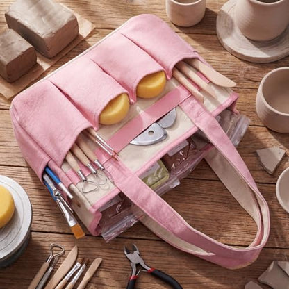 SilTriangle 14oz Pottery Tool Bag with Multiple Pockets Pink Canvas Art Supply Organizer Tote Bag for Storing Clay Sculpting Ceramic Tools Washable Canvas Craft Tote for Yarn and Crochet Supplies