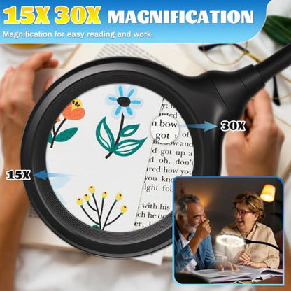 Rechargeable Magnifying Glass with Light and Stand, 15X 30X
