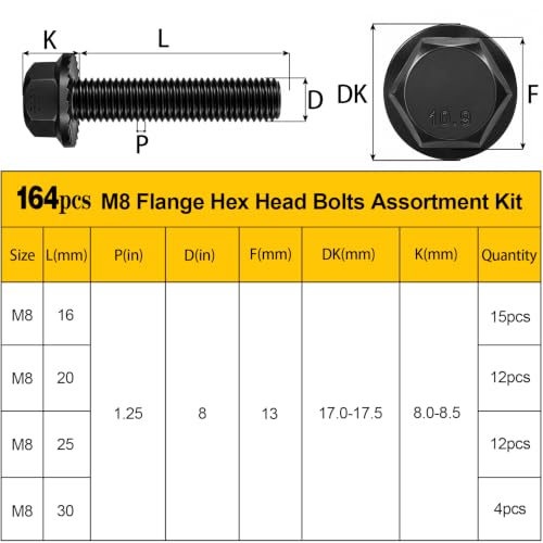164PCS M8 Flange Hex Bolt Assortment Kit, M8-1.25 x 16/20/25/30 mm - size: M8 164pcs