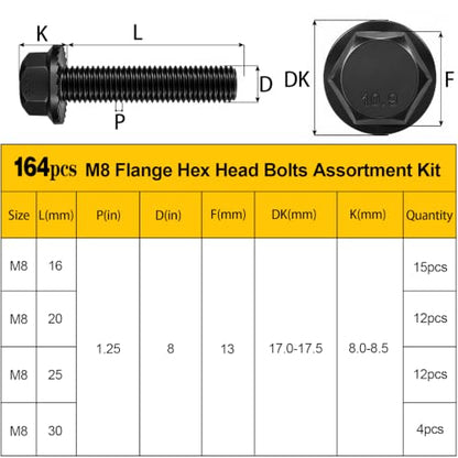 164PCS M8 Flange Hex Bolt Assortment Kit, M8-1.25 x 16/20/25/30 mm - size: M8 164pcs