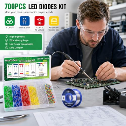 3mm & 5mm LED Diodes Kit,700 Piece 10 Values 5 Color, Light Assortment Kit Low Voltage Circuit Emitting Diodes Bulb Lamp Set, Green, Blue, Red, Yellow, White (5mm-5color-500pcs & 3mm-5color-200pcs) - style: 5mm & 3mm 700pcs(5mm-5color-500pcs & 3mm-5color-