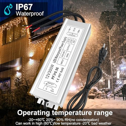 inShareplus 12V Power Supply, 300W LED Driver, AC 90-265V to DC 12 Volt 25A Converter, IP67 Waterproof Low Voltage Transformer with Standard U.S. 3-Prong Plug for LED Lights and Other 12V Products - style: Silver 12V 300W