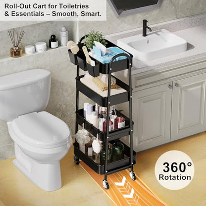 Black 4 Tier Rolling Cart Metal with Lockable Wheels,Four Tiered Dorm Carts - color: Matte Black, size: 4 tier