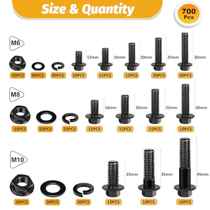 700PCS M6-M10 Metric Flange Hex Bolt Kit，M6-1.0 M8-1.25 M10-1.25,Grade 8.8 - size: M6 M8 M10 700Pcs Flange HEX