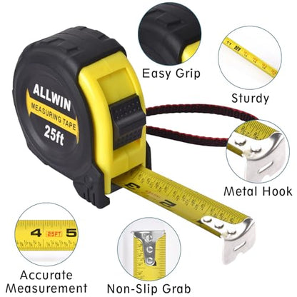 Tape Measure 25 Ft - 5 Pack Bulk Metal Retractable Tape Measure with Fractions, Easy Read, 1-inch Wide X 25 Foot