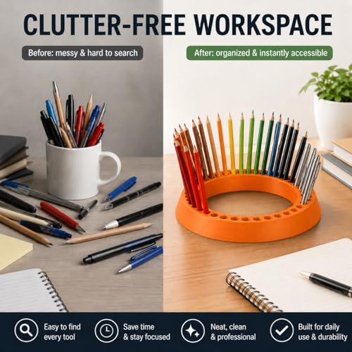 Spiral Pen Holder for 48 Pens Pencils Markers – Desktop Organizer Stand | Space-Saving Vertical Storage | Home Office School Art Studio Supplies Caddy - color: Orange