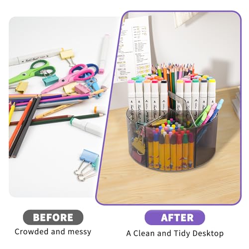 Mefirt Acrylic Pen Organizer, 360 Degree Rotating Desk Organizer with 6 Compartments Crayon Holder for Office, School, Home, Art Supply, Grey - style: Grey-Large