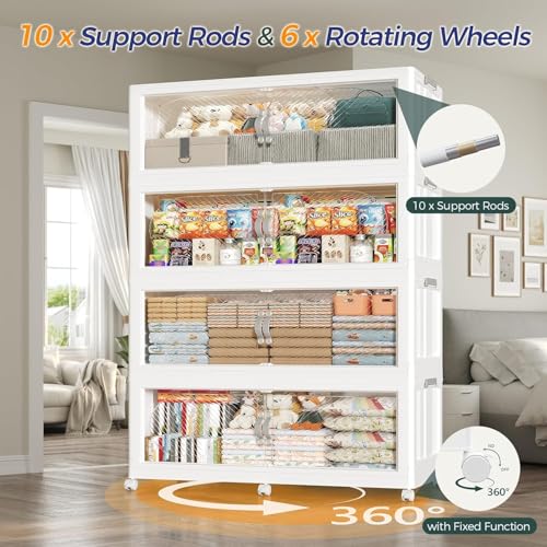 960QT Extra Large Stackable Storage Bins with Lid, 240Gal Plastic Closet Organizers and Storage Drawer, Collapsible Cabinet Box with Wheels Clear Doors for Home Kitchen Office, 3Pack White - size: 320QT