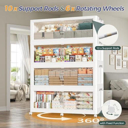 960QT Extra Large Stackable Storage Bins with Lid, 240Gal Plastic Closet Organizers and Storage Drawer, Collapsible Cabinet Box with Wheels Clear Doors for Home Kitchen Office, 3Pack White - size: 320QT