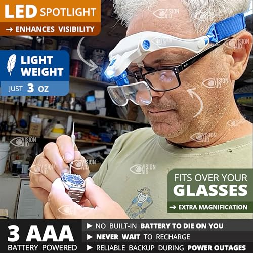 Vision Aid Magnifying Glasses with LED Light 5 Lenses Headband Case Hands Free Illuminated Head Magnifier for Hobby Painting Close Work Jewelry Watch Repair - size: 3AAA Battery Powered - Standard Set