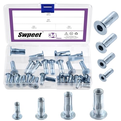 Swpeet 34Pcs 4 Sizes M4 M5 M6 M8 Metric Carbon Steel White Zinc-Plated Multi-Grip Rivet Nuts Plus Nuts Assortment Kit, Bulbed Shank Flat Head Threaded Insert Nut Construction Fasteners for Industrial - size: Assortment Kit