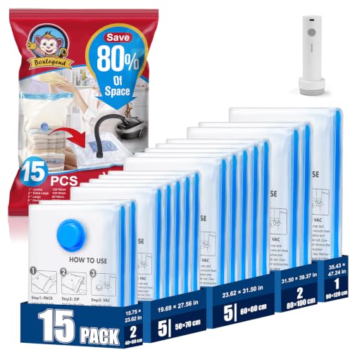 BoxLegend Vacuum Storage Bags with 1500mAh Electric Pump 15 Combo (1X-Jumbo, 2 Jumbo, 5 Large, 5 Medium, 2 Small) Thickened Vacuum Seal Bags for Clothing Blanket Pillow Comforters Bedding Quilt Coat - size: 15 Combo - Electric Pump