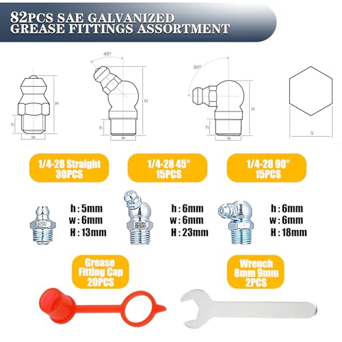 1/4"-28 SAE Grease Fittings - 82PCS Zerk Fittings Kit with Caps and Wrench Straight 45 90 Degree Angled Grease Nipples - size: 1/4"-28 SAE Assortment