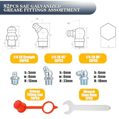 1/4"-28 SAE Grease Fittings - 82PCS Zerk Fittings Kit with Caps and Wrench Straight 45 90 Degree Angled Grease Nipples - size: 1/4"-28 SAE Assortment