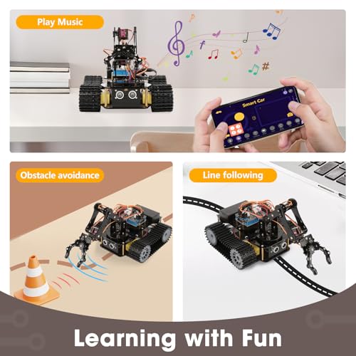 Robotics for Kids Ages 12-16, ACEBOTT 4 in 1 Smart Robot Arm with 5DOF + Tank Car, STEM Toys Coding Kit Compatible with Arduino & Scratch, App & Remote Control, for Kids & Teens - color: Black-yellow