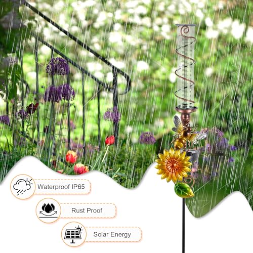 Rain Gauge Outdoor, Solar Water Gauge for Rain - color: Yellow Sunflower-Bee