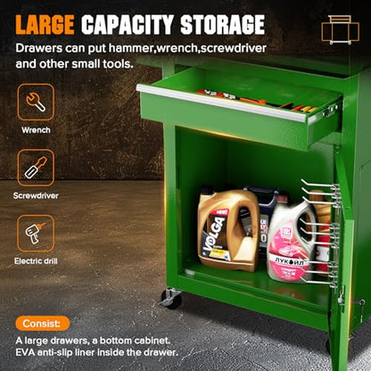 Oakcloud Heavy-Duty 5-Drawer Rolling Tool Chest & Cabinet Combo with Black Liner – Lockable Steel Garage Tool Box on Wheels – Detachable Top Toolbox & Bottom Storage Cart with Side Hooks, Green - color: Green, size: 5-drawer