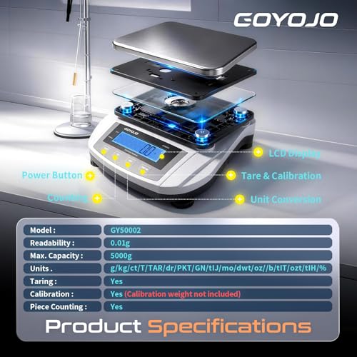 GOYOJO Analytical Balance, 5000g x 0.01g Lab Scale, High Precision Digital Scientific Scale with Stainless Steel Pan, 19 Units, Tare & Piece Counting for Laboratory, Jewelry and Kitchen - color: Silver-5000g x 0.01g