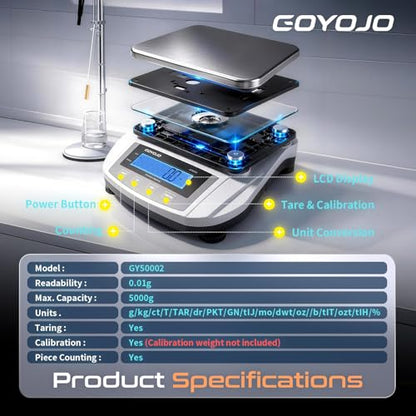 GOYOJO Analytical Balance, 5000g x 0.01g Lab Scale, High Precision Digital Scientific Scale with Stainless Steel Pan, 19 Units, Tare & Piece Counting for Laboratory, Jewelry and Kitchen - color: Silver-5000g x 0.01g