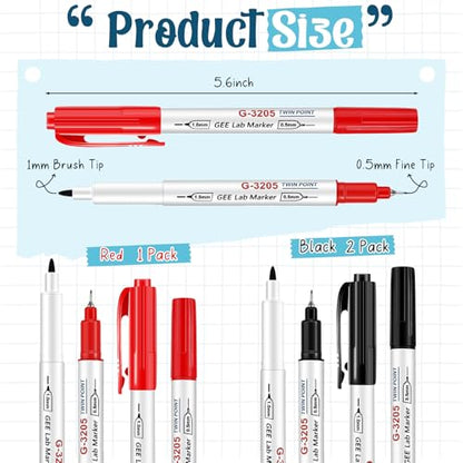 3 Pcs Alcohol Resistant Lab Markers Dual Head, 2 Black & 1 Red - color: 2 Black & 1 Red