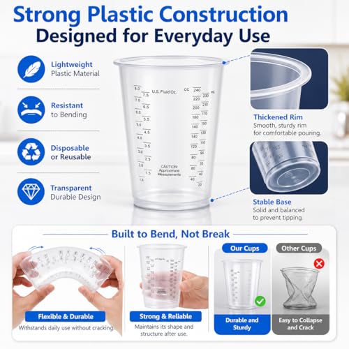 8oz Clear Plastic Measuring Cups, Graduated Mixing Cups, 100 Pack