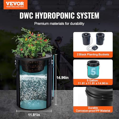 VEVOR DWC Hydroponics Grow System, Hydroponic Growing System with Top Drip Kit, Deep Water Culture 5-Gallon 2 Buckets, with Air Pump, Air Stones and Water Level Device for Leafy Vegetables - style: 2 Buckets+Top Drip Kit
