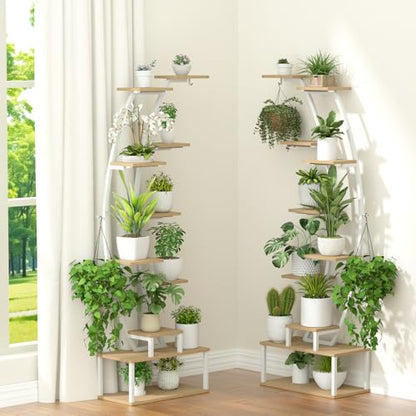 Plant Stand Indoor with 8 Grow Light,65" Tall 10 Tier White Half Moon Shelf - color: Light Brown Board White Metal 10 Tier 2 Pack