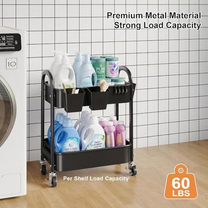 2 Tier Rolling Cart Metal on Wheels,Two Tiered Short Side Table with Wheels - color: Matte Black, size: 2 tier