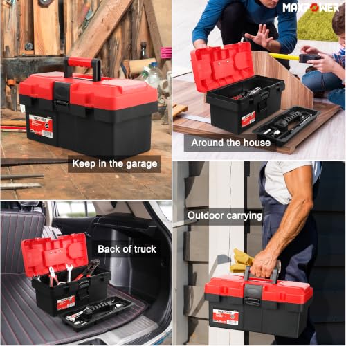MAXPOWER Small Tool Box, 14-inch Plastic Tool Boxes with Handle - color: Red, size: 14”