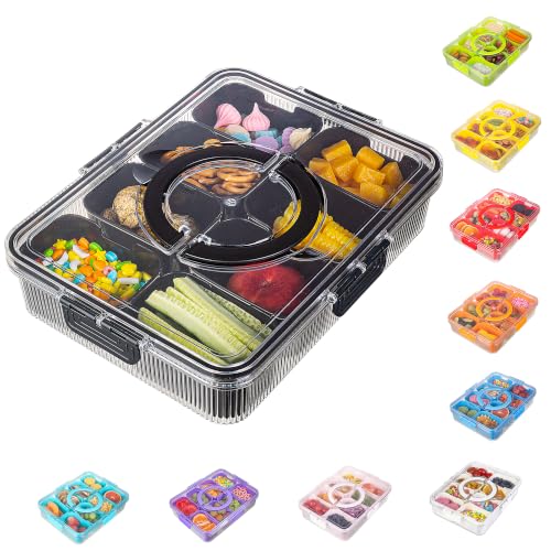 Patent Design Ribbed Snackle Box Container Divided Serving Tray with Lid and Handle -Charcuterie Container Portable Storage Organizer for Candy, Fruit, Beach, Picnics（1 pcs, Black） - color: Black