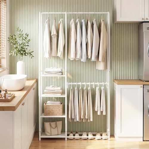 GIANTEX Clothes Rack with Pants Hangers, Heavy-Duty Metal Clothing Rack with 2 Hanging Rods & 4 Storage Shelves, Freestanding Garment Racks, Closet Organizer for Bedroom, Cloakroom (White) - color: White