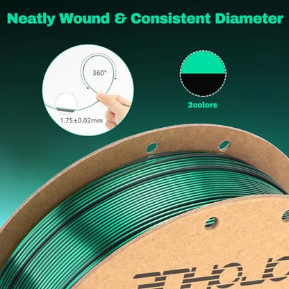 3DHoJor Silk PLA Filament 1.75mm Black Green Dual Color PLA 3D Printer Filament 2 in 1 Coextrusion 1KG Spool(2.2lbs) 3D Printing Filament Dimensional Accuracy +/- 0.03mm Fits for Most FDM 3D Printers - color: Black Green