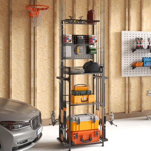 SOYEEZE Fishing Rod Holders for Garage,Fishing Gear Holder for Fishing Rod Tackle Box Storage，Fishing Pole Holders for 12 Rods with Hooks and Pegboard,Fishing Stand with Reel Rack, Standard Size - size: Standard
