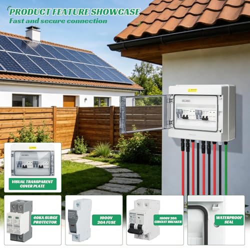 2 in 2 Out Solar Combiner Box,PV Combiner Box with 20A PV Fuse,DC 20A Circuit Breaker and Surge Protector,IP65 Solar Disconnect Switch Box for Indoor Outdoor Solar Panel System (2 in 2 Out 20A 1000V) - size: 2 In 2 Out 20A 1000V