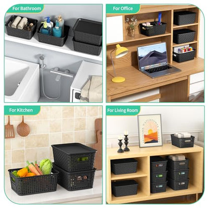 8 Pack Plastic Storage Baskets,Black Stackable Bins with Lid - color: Black