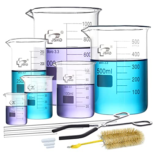 14PCS Glass Beaker Set, 6 Sizes - 10ml 50ml 100ml 250ml 500ml 1000ml Graduated Beakers + 11" Beaker Tongs + 3pcs Glass Stirring Rods + 3pcs Magnetic Stir Bar + 1000ml Beaker Brush - size: 10ml 50ml 100ml 250ml 500ml 1000ml, style: Beakers+Tongs+Rods+Stir