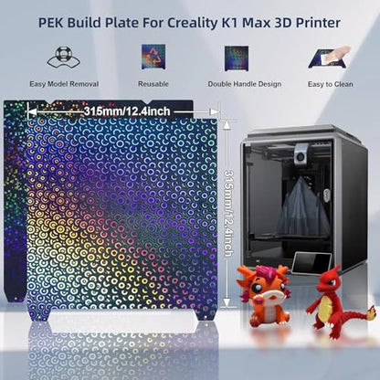 IdeaFormer-3D K1 Max Build Plate 310x315mm, Smooth Rainbow Circles+Kaleidoscope PEK Bed Without Magnetic Base for Creality K1 Max/Ender 3 V3 Plus 3D Printer - color: Rainbow Circles+Kaleidoscope PEK
