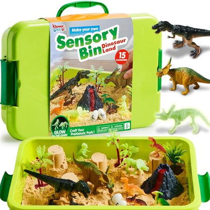 JOVA Klever Kits Dinosaurs Sensory Bin Toys for Kids with Glow in The Dark Dinosaurs, Sandbox with Lid Sand, Preschool Learning Activities Gifts for Boys Girls Age 3+ - style: Dinosaur