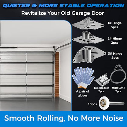 Romalon 2026 Upgraded Garage Door Hardware Kit - 10 Nylon Rollers, 9 Hinges, 2 Top Brackets, 2 x 118 Wire Ropes | Fits 7' Residential Garage Doors