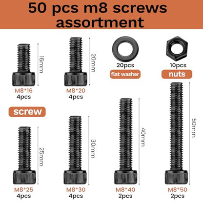 50 Pcs M8 Bolts Kit M8x 16/20/25/30/40/50 mm M8 Screw Kits - color: Black, size: M8x16mm-50mm 50Pcs
