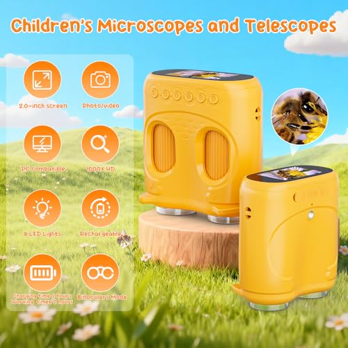 2-in-1 Kids Microscope Telescope, Temodu 2.0" 1000X Digital Microscope for Kids, HD Portable Education Telescope for Kids Birthday Festival Gift, Science Fun Toys for Children Age 4-12 (Yellow) - color: Yellow