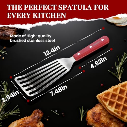 GRILLGEN Fish Spatula Stainless Steel -12.4" Metal Slotted Turner with Full Tang Red Handle, Ultra-Thin Flexible Fish Flipper for Cast Iron Skillet & Grilling, Flipping Eggs & Pancakes, Heavy Duty