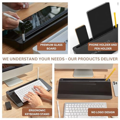 GAROOD Desktop Dry Erase Board with Storage Black Color Dry Erase Board Desk Board Glass Desktop Board with Stand Home Office Desk Organizer Phone Holder 15.8X7X2 inches - color: Black