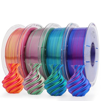 AMOLEN Silk PLA 3D Printer Filament Bundle, Shiny Dual Color PLA Filament 1.75mm Pack, Multi Color Change PLA 3D Printing Filament for Most FDM 3D Printer, 1KG X 4 Spools - color: Red Gold/Red Green/Red Blue/Sapphire Green