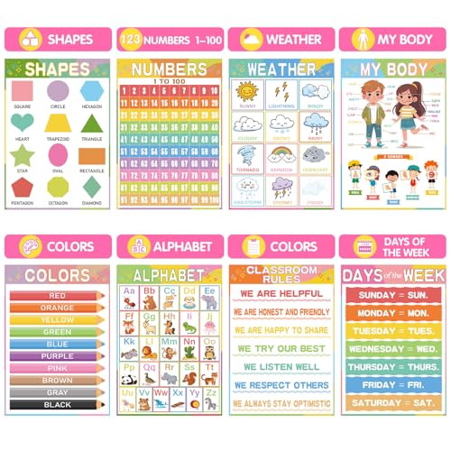 Classroom Educational Posters- Colourful Educational Learning Posters For Toddlers 1-3, Teacher Classroom Must Haves Supplies Essentials, ABC Alphabet & Number Learning Charts for Preschool Kindergarten- 16pcs 15.7"x11" - color: Classroom Educational Post