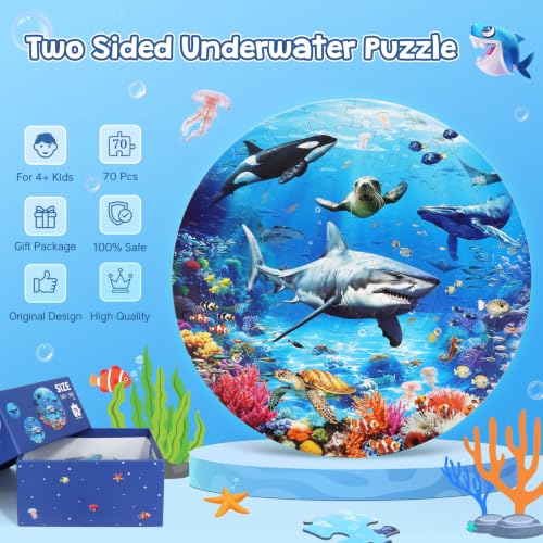 DIGOBAY Underwater Ocean Floor Puzzle for Kids Ages 4-6, Shark Toys for Boys Girls, 70 Pieces Large Jigsaw Shark Puzzles for Kids Ages 4-8, Educational Ocean Animals Toys for Birthday Christmas - style: Underwater
