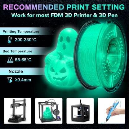 PLA+ 3D Printer Filament, Glow in The Dark Filament 1.75mm, Long-Lasting Glow & High-Brightness, Luminous Bright 3D Printing Filament for Most 3D Printer - 1kg Spool(Glow Blue Green) - color: Bluegreen