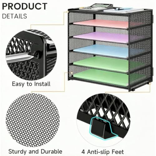 6 Tier Paper Organizer with Handle for Desk,Black with Closed top - color: Black 2
