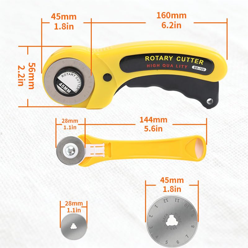Rotary Cutter for Fabric, 45mm and 28mm Cutters Kit with Extra 10 Blades - color: Yellow
