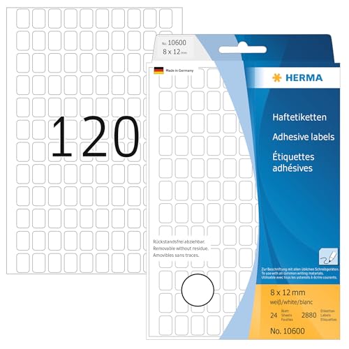 HERMA Removable Labels, 120 Labels per Sheet, 24 Sheets, 8 x 12 mm, 2880 Labels, Self Adhesive Mini Labels Stickers, Blank Sticky Multi Purpose Labels for Office Kitchen Home, White - size: 8 x 12 mm